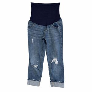 Indigo Blue Maternity Boyfriend Jeans Medium Distressed Full Panel Cuffed Denim